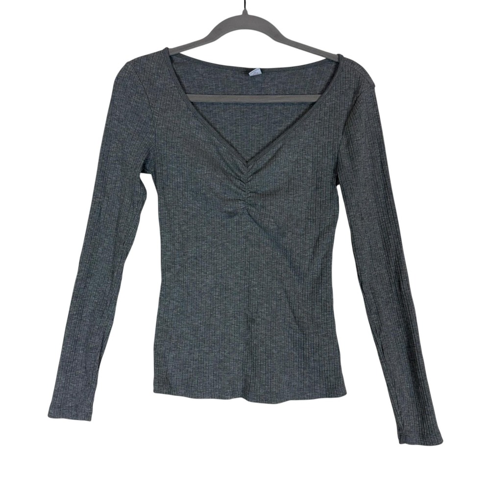Old Navy Shirt Womens Medium Gray V Neck Ruched Ribbed Knit Long Sleeve Top